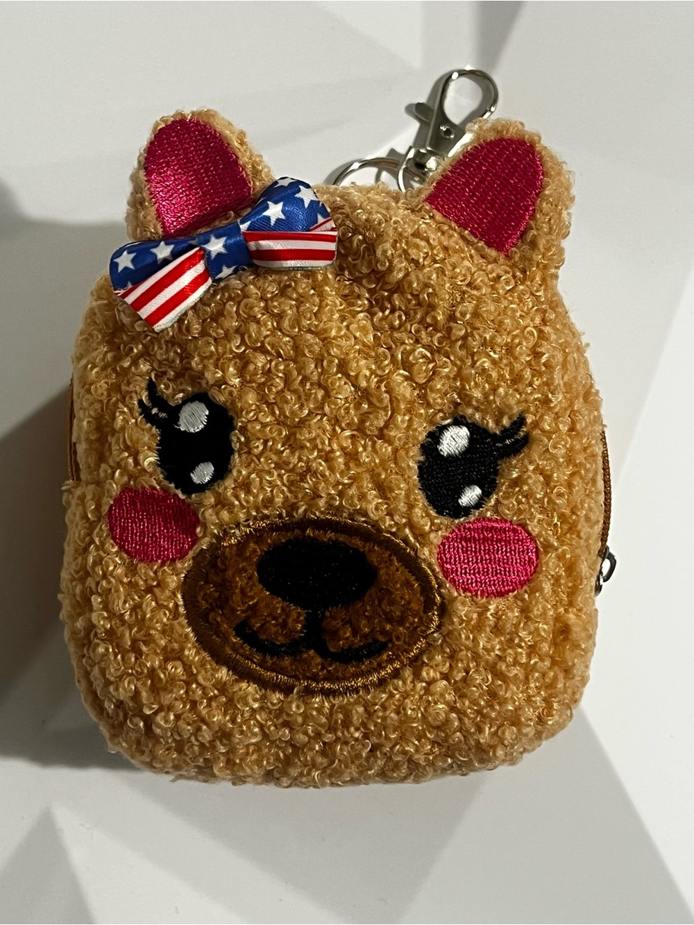 Hand Crafted Plush Bear Keychain Coin Purse - Tan with Pink Accents Bag Charm - Picture 11 of 12